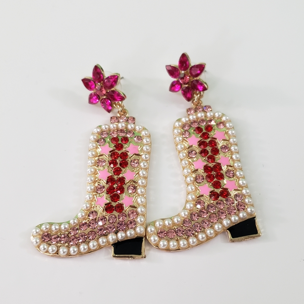 Pink Rhinestone Cowboy Boot Earrings